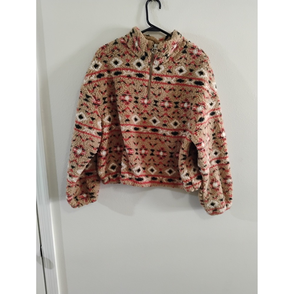 Love Tree Sherpa Fleece Quarter Zip Pullover Southwestern Geometric Tan Red L